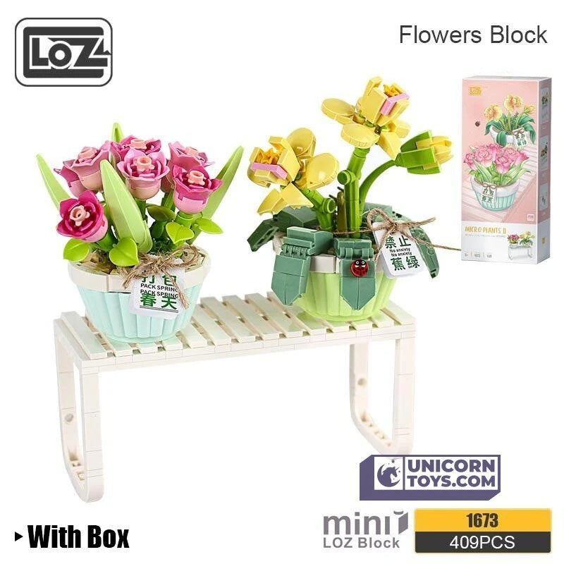 DIY en mini blocs Loz rosier et plant de tulipes en pot