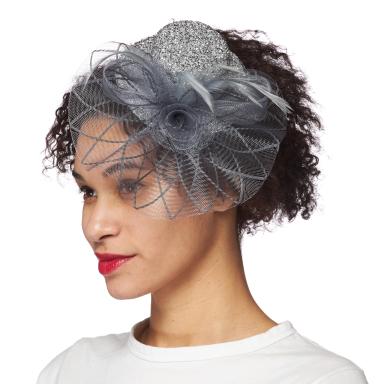 Chapeau bibi avec fleur voile argent brillant