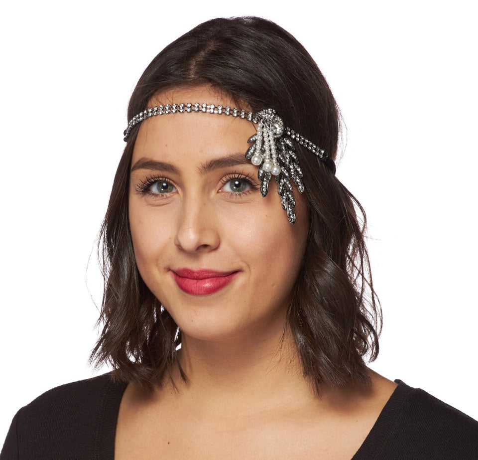 Bandeau charleston pierres argentées avec perles blanches