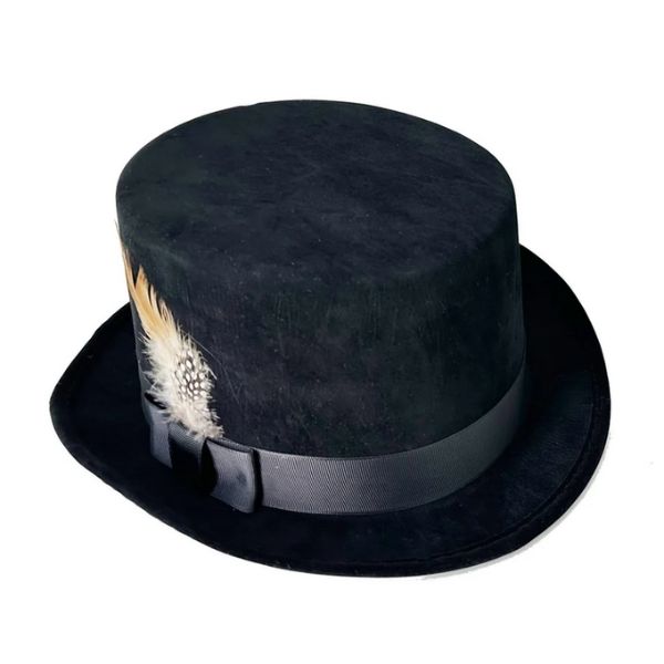 Chapeau haut-de-forme ajustable noir avec une plume