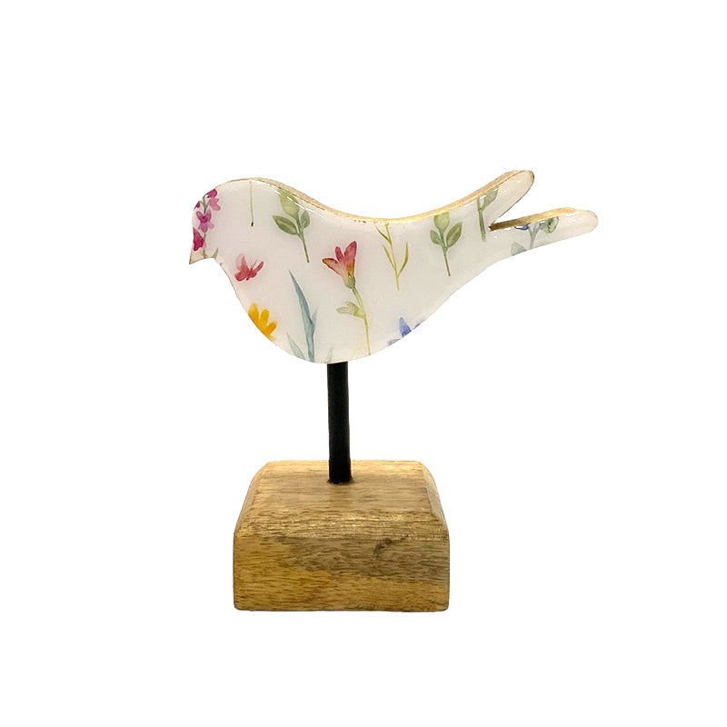 Oiseau décoratif sur pied 10 cm x 11 cm x 5 cm en bois avec motif floral