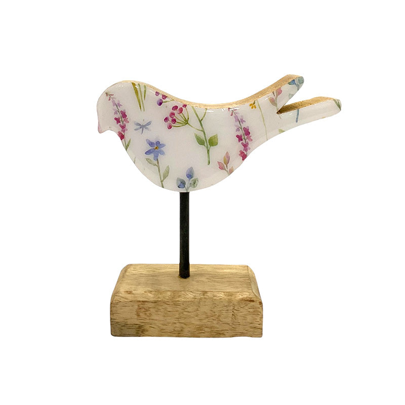 Oiseau décoratif 14 cm x 14 cm x 5 cm en bois avec motifs floral