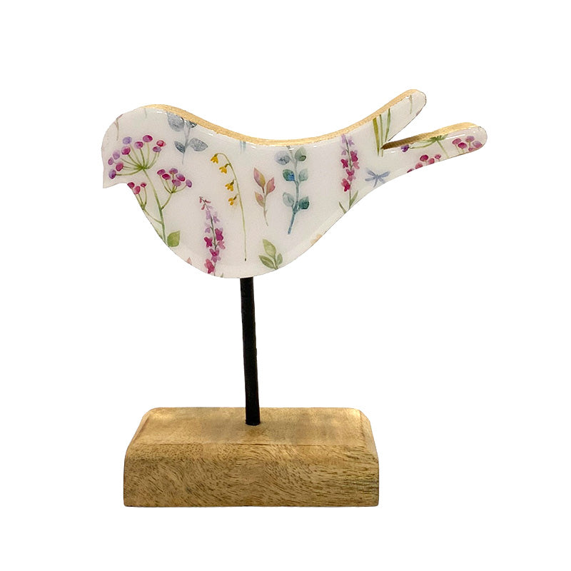 Oiseau décoratif sur pied 16 cm x 16 cm x 5 cm en bois avec motif floral