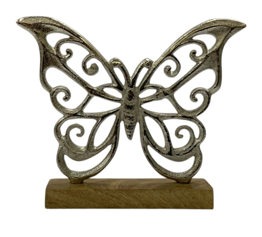 Papillon décoratif en métal sur base en bois