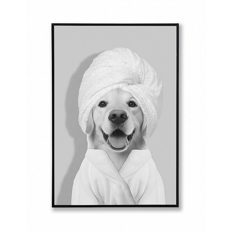 Cadre noir et blanc 30 cm x 20 cm x 2,5 cm chien avec un bonnet de bain