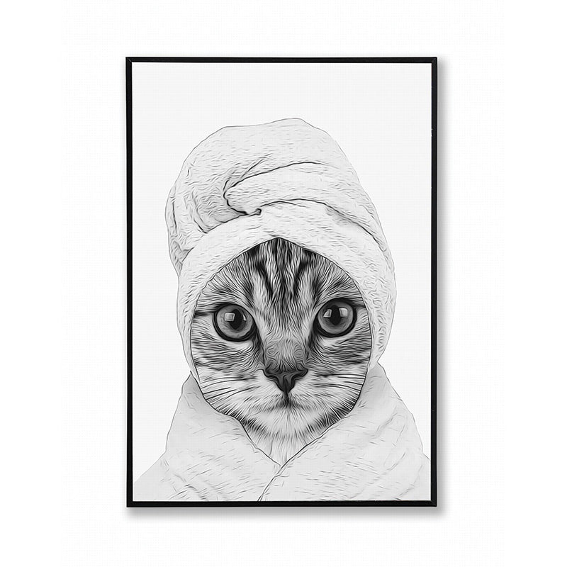 Cadre noir et blanc 30 cm x 20 cm x 2,5 cm chat avec un bonnet de bain