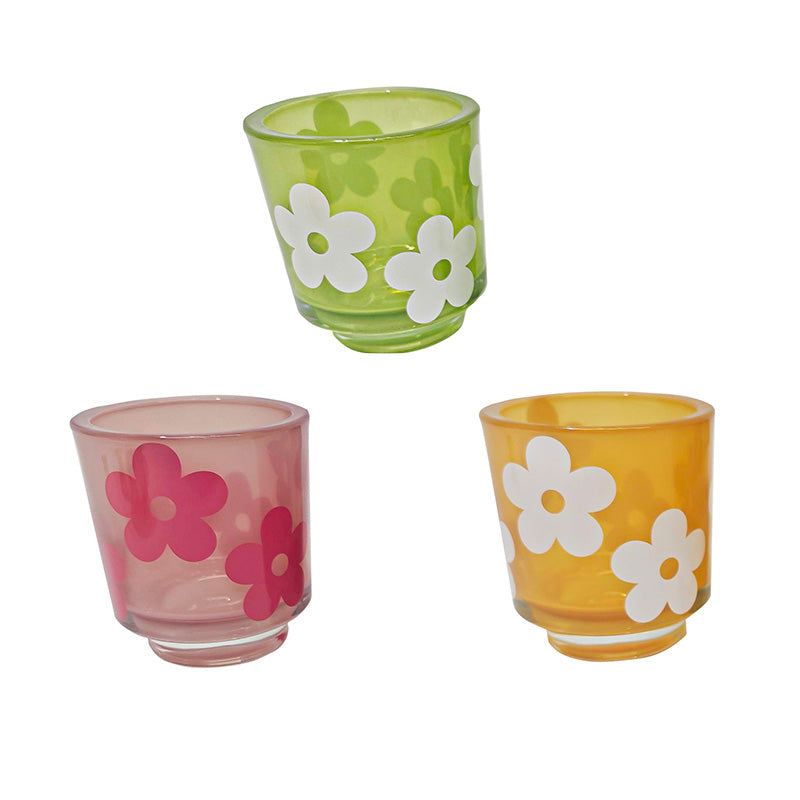 Bougeoir 9 cm x 9 cm x 10 cm de couleur vive avec motifs de fleur
