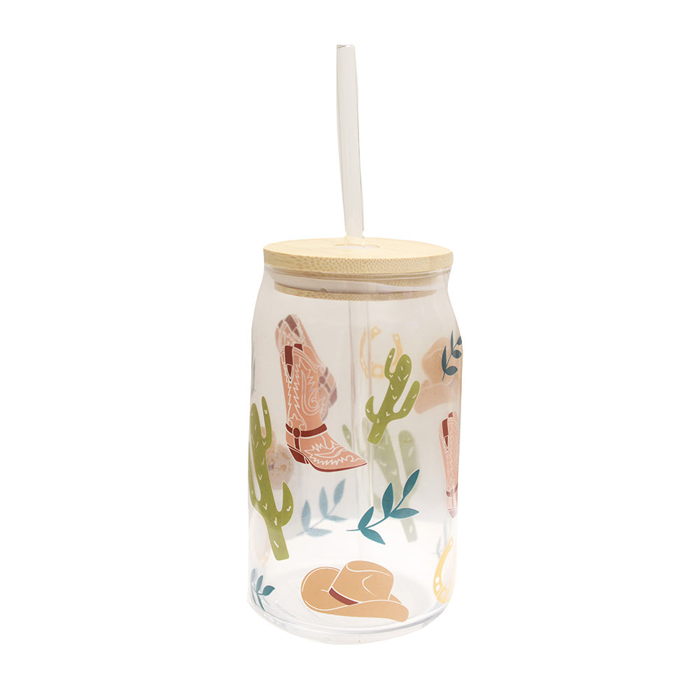 Verre à paille en verre et couvercle en bambou motif country