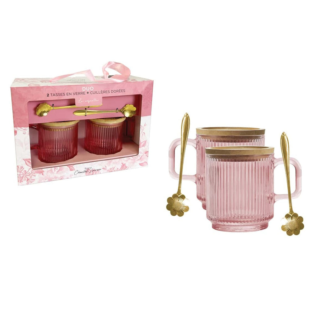 Ensemble de 2 tasses en verre rose avec cuillères dorées Chantal Lacroix