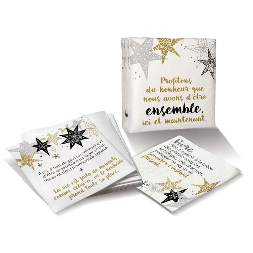 Serviette de table en papier blanches avec étoiles or, argent et noir (paquet de 30)