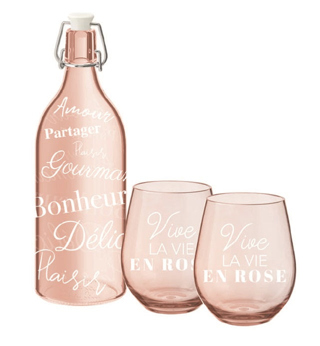 Ensemble de bouteille avec 2 verres "La vie est plus belle en rose"