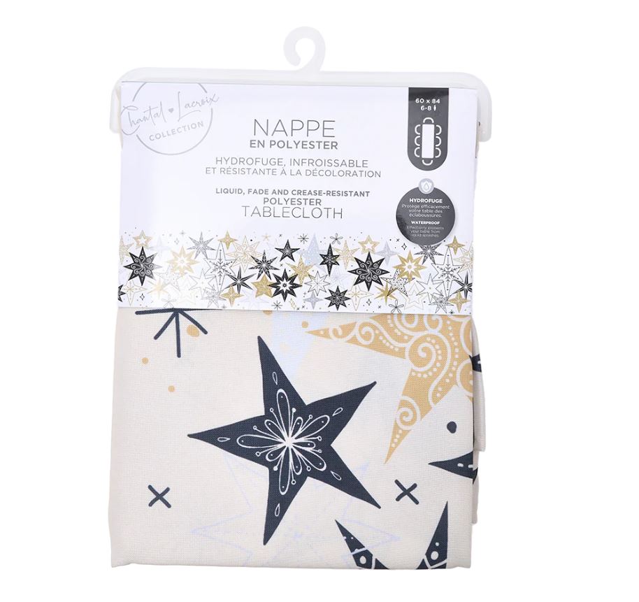 Nappe en polyester 60 po x 84 po avec étoiles or, argent et noir