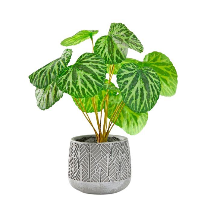Plante Pilea artificielle dans pot gris avec motif de feuilles