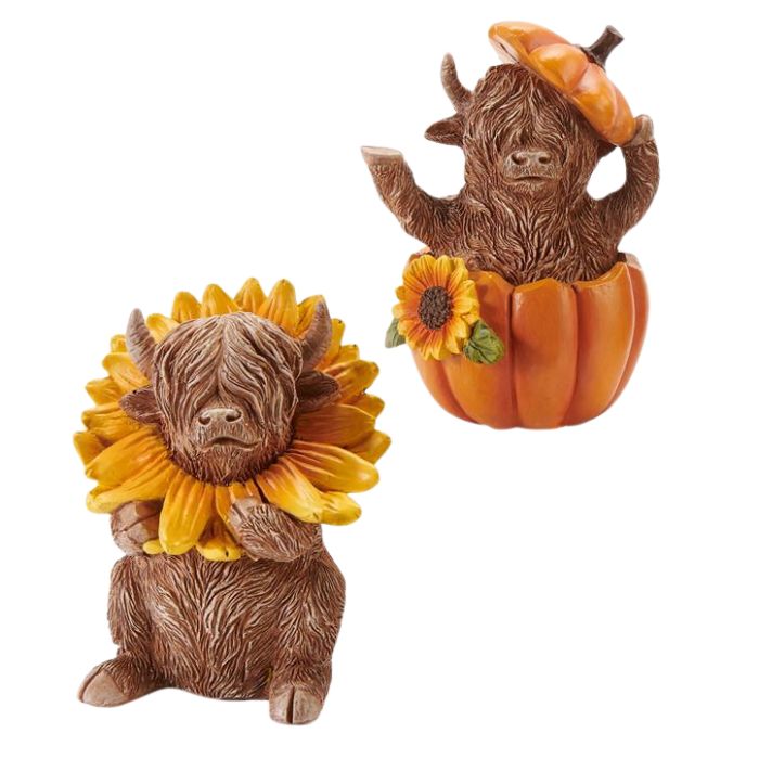 Vache highland décorative 3,5 po x 4,25 po avec accessoire d'automne