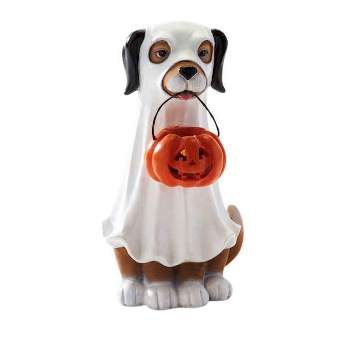 Chien décoratif déguisé en fantôme 4 po x 7 po avec citrouille DEL