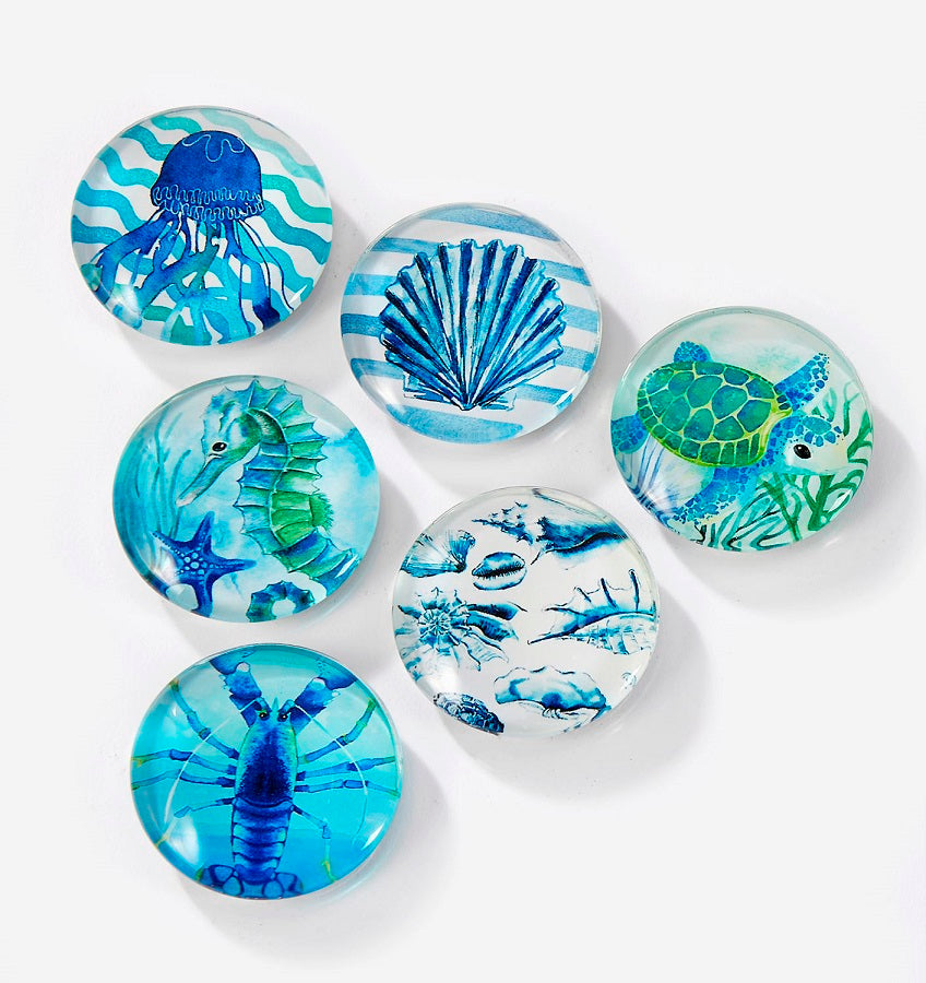Aimant rond 1,5 po en verre avec motif de vie océanique