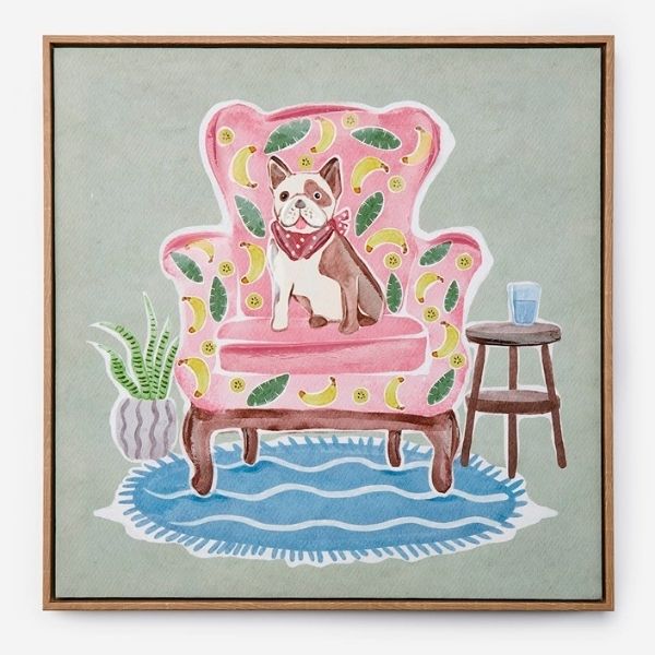 Tableau 20 po x 20 po chien sur un sofa à motifs de bananes