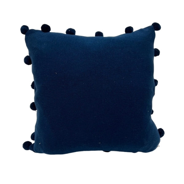 Coussin 20 po x 20 po 80% coton et 20 % polyester bleu avec pompons