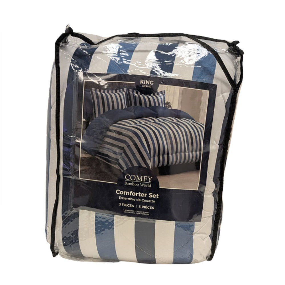 Ensemble de douillette 3 morceaux 100% microfibre Grayson bleu rayé (king)