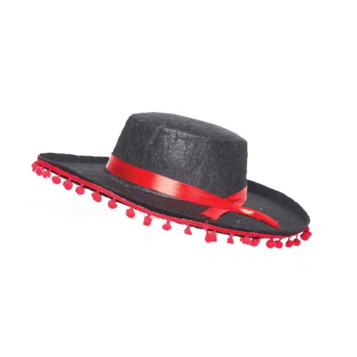 Chapeau adulte espagnol noir avec ruban et glands rouges