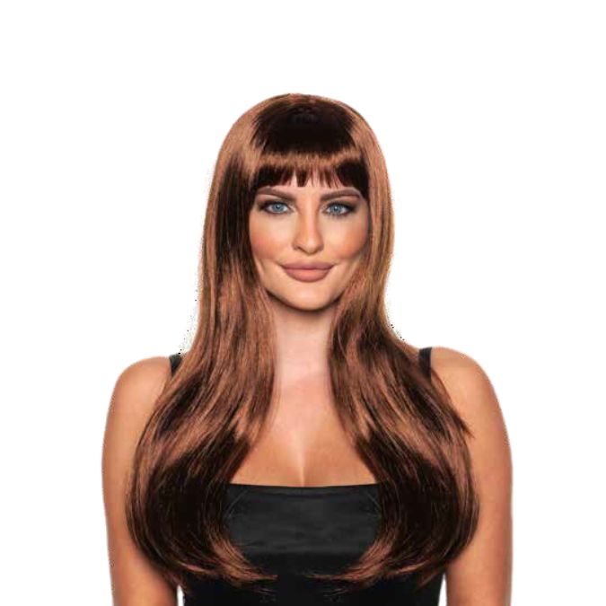 Perruque pour adulte longue brune avec frange