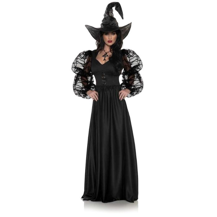 Costume femme robe de sorcière noire avec manche bouffante