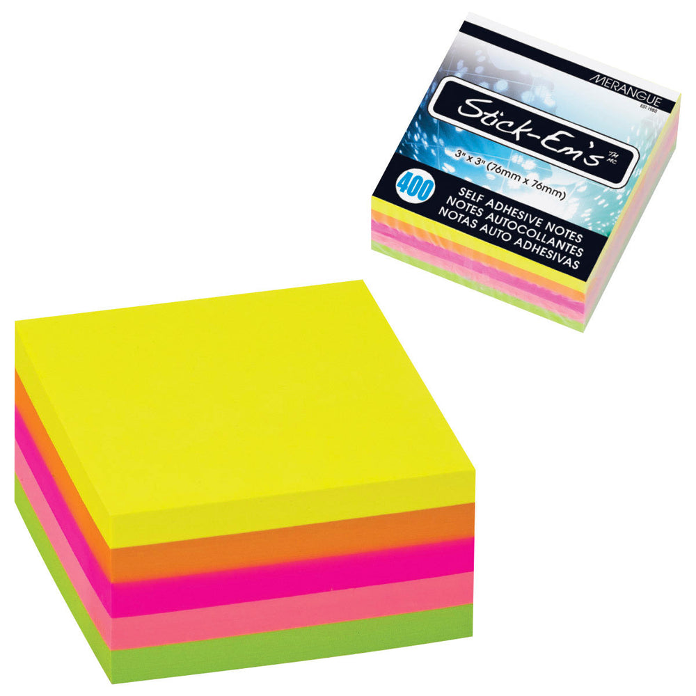 Notes adhésives 3 po x 3 po (paquet de 400) néon Merangue