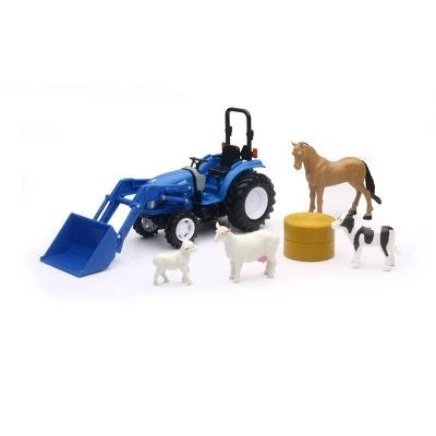 Tracteur de ferme New Holland bleu avec animaux