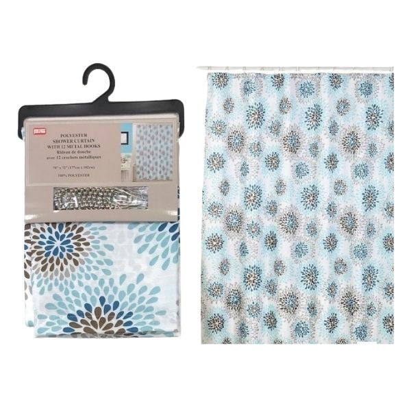 Rideau de douche en tissu mandala bleu avec crochets
