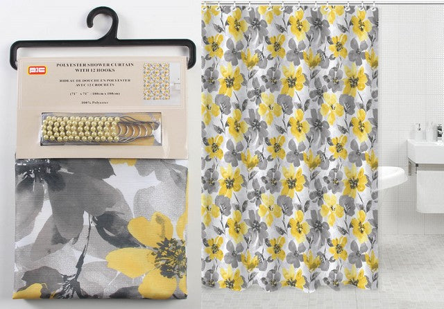 Rideau de douche en tissu avec crochet fleur jaune et grise