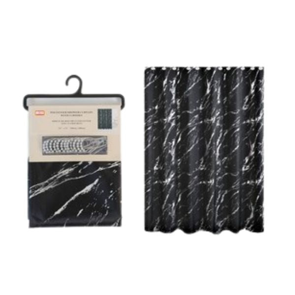 Rideau de douche en tissu effet marbre noir et argent avec crochets