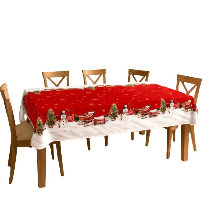 Nappe en tissu rouge et rebord avec dessin de Noël