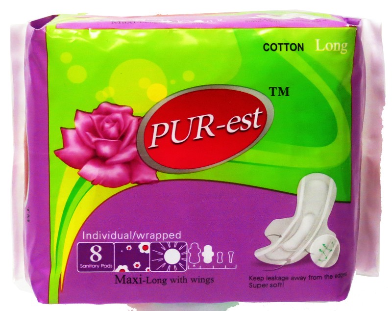 Serviette sanitaire longue maxi en coton avec ailes Pur-est (paquet de 8)