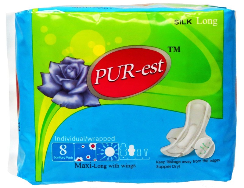 Serviette sanitaire longue maxi douce avec ailes Pur-est (paquet de 8)