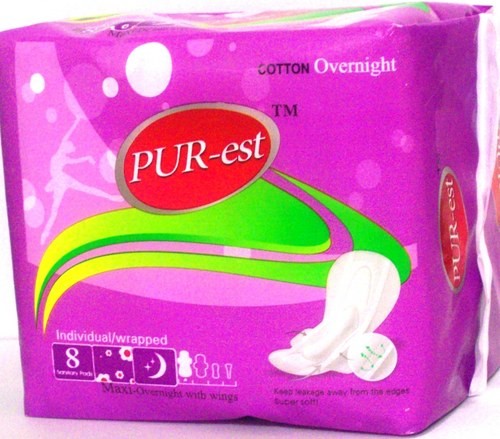 Serviette sanitaire longue de nuit en coton avec ailes Pur-est (paquet de 8)