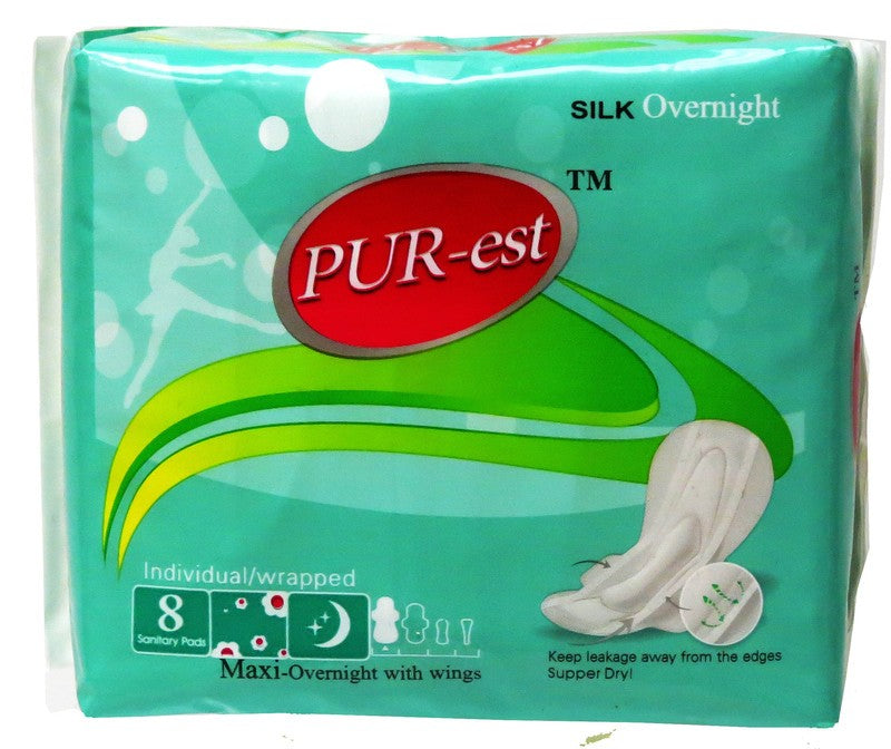 Serviette sanitaire longue de nuit douce avec ailes Pur-est (paquet de 8)