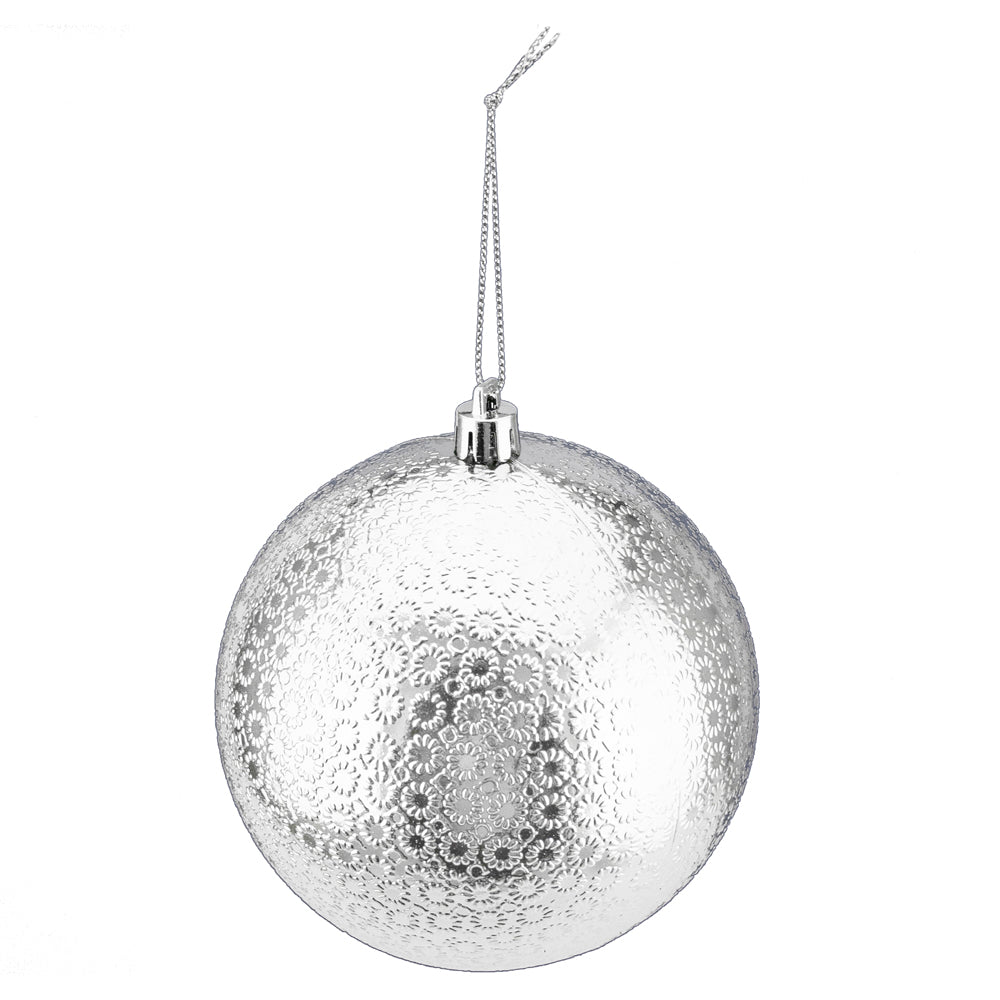 Ornement boule de Noël 100 mm embossé argent brillant