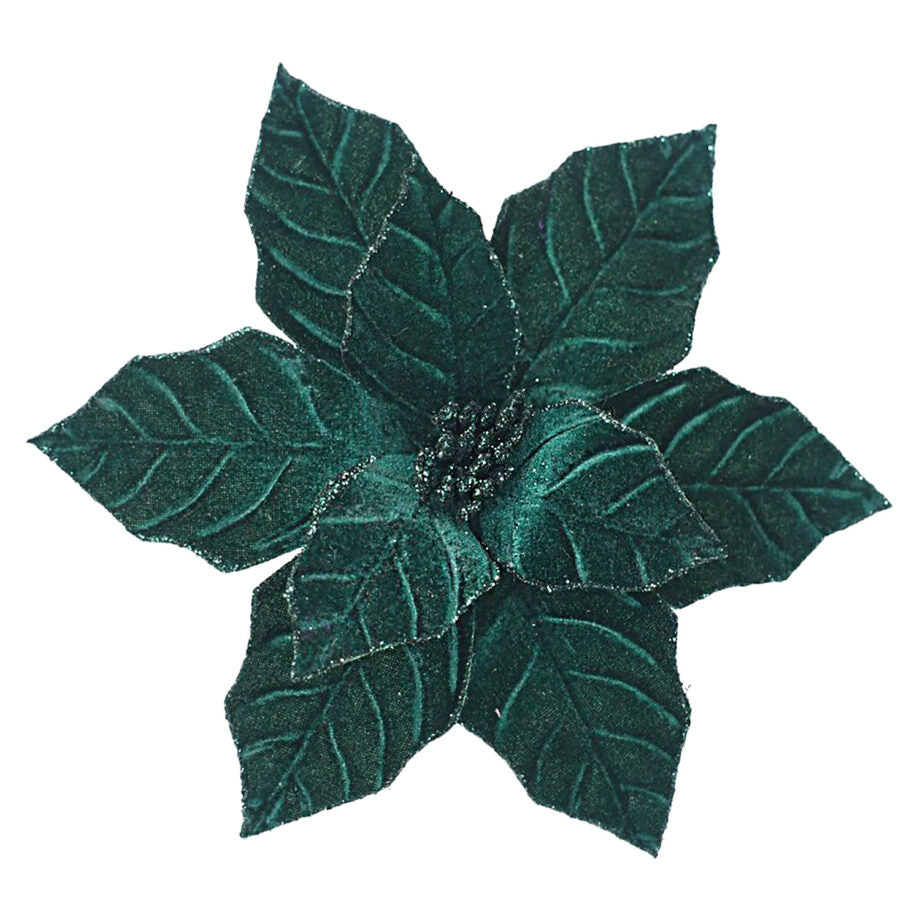 Poinsettia en velours vert foncé avec attache 9,5 po