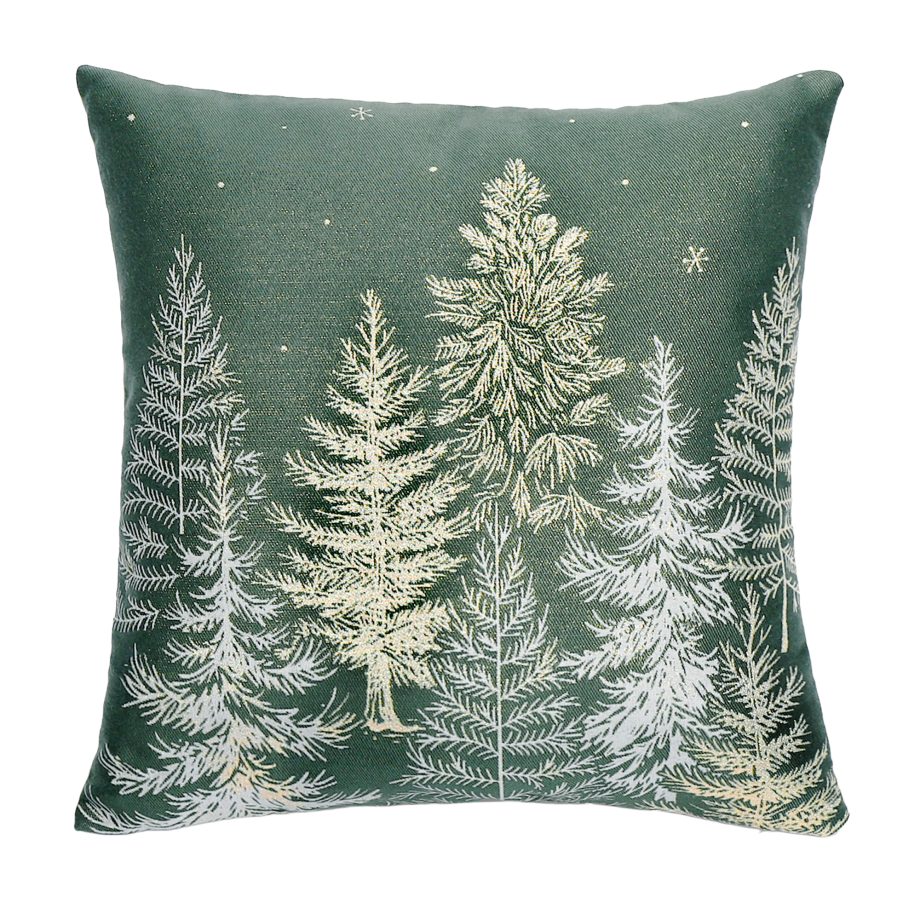 Coussin 18 po x 18 po vert avec sapins tissés métalliques