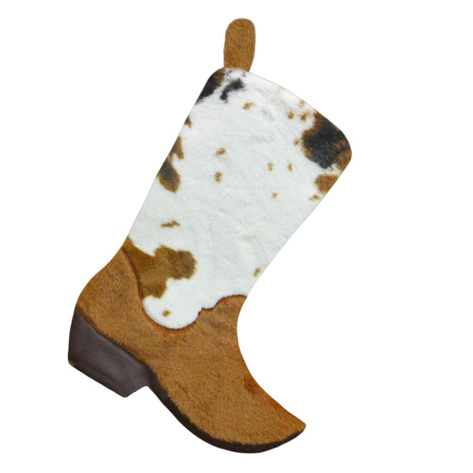 Bas de Noël 18 po en forme de botte de cowboy brune et blanche