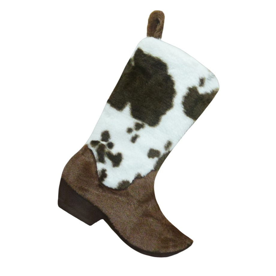 Bas de Noël 18 po en forme de botte de cowboy brune foncée et blanche