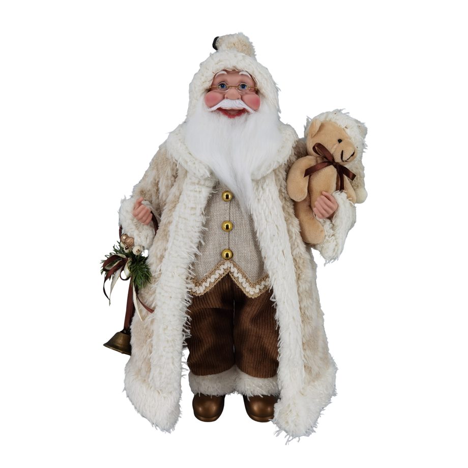 Père Noël avec habit ivoire, brun et un ourson