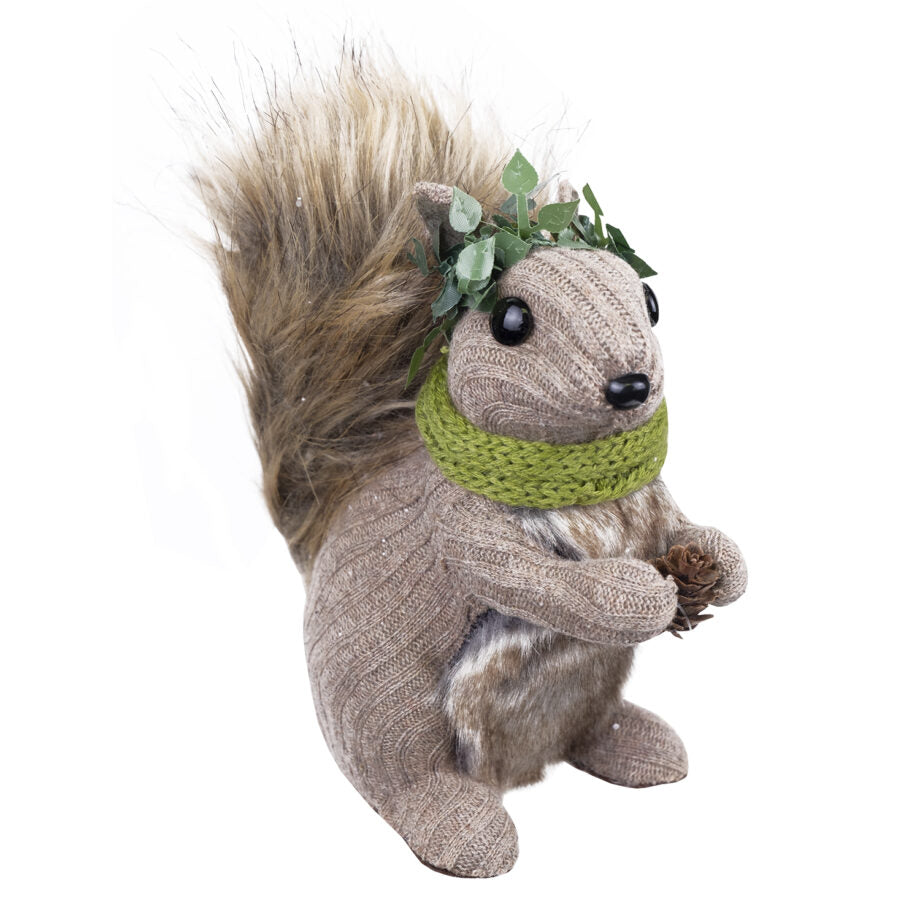 Écureuil 6 po tricot beige et gris avec foulard vert