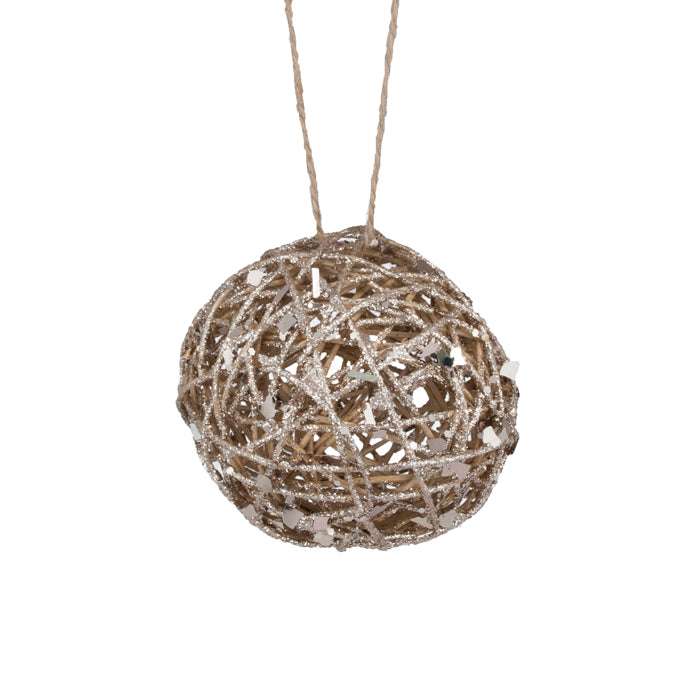 Ornement boule de Noël 4 po en fil de rotin argent