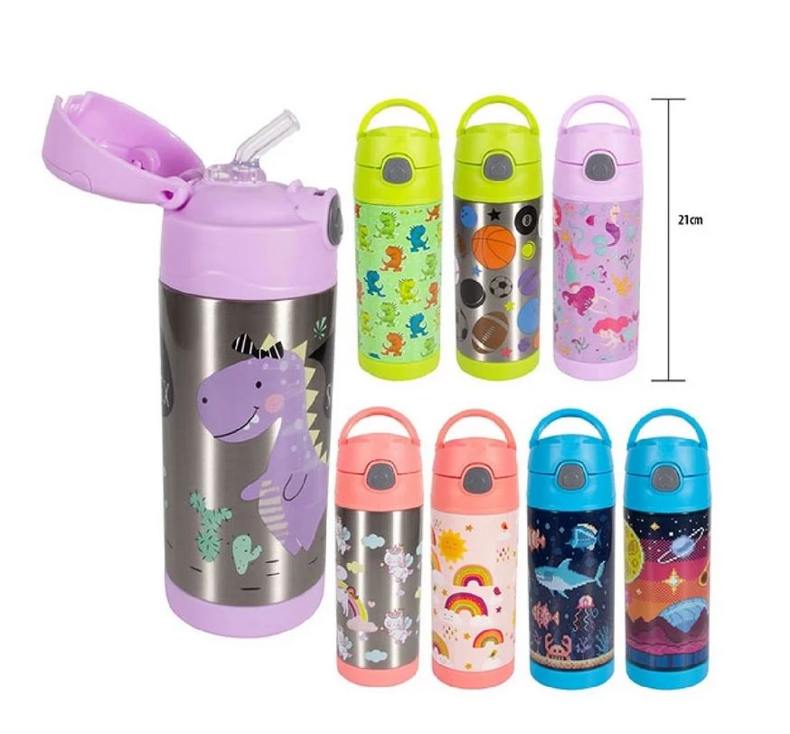 Bouteille d'eau isolée 12 oz en acier inoxydable avec paille pour enfant
