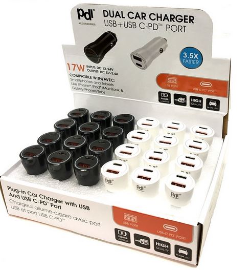 Chargeur de voiture vers USB et Type C blanc ou noir