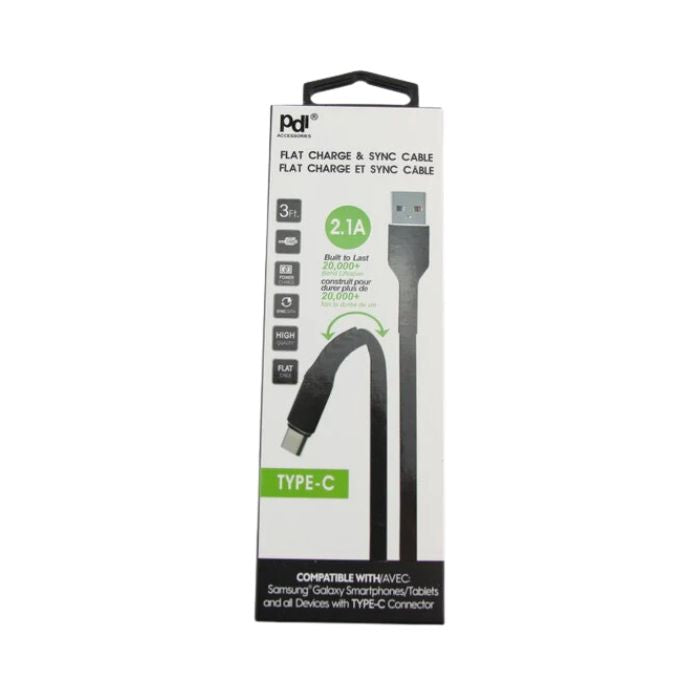 Câble de charge plat et pliable 39 po USB vers Type C