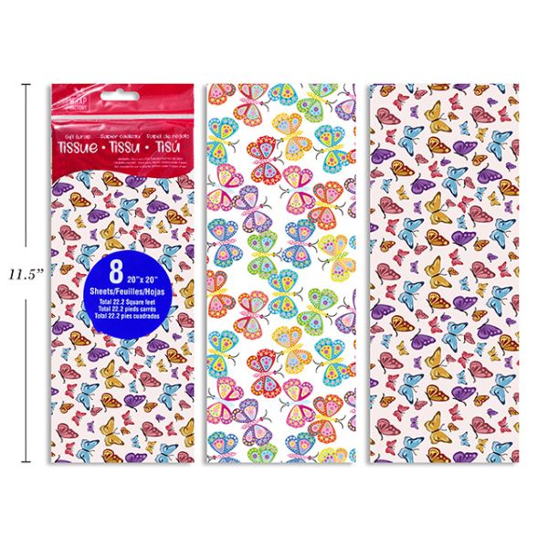 Papier de soie 20 po x 20 po motif de papillons (paquet de 8)
