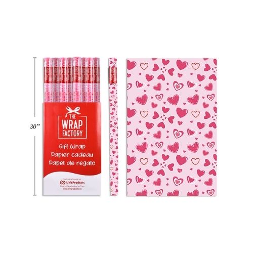 Papier d'emballage coeurs roses 30 po x 72 po (1 rouleau)