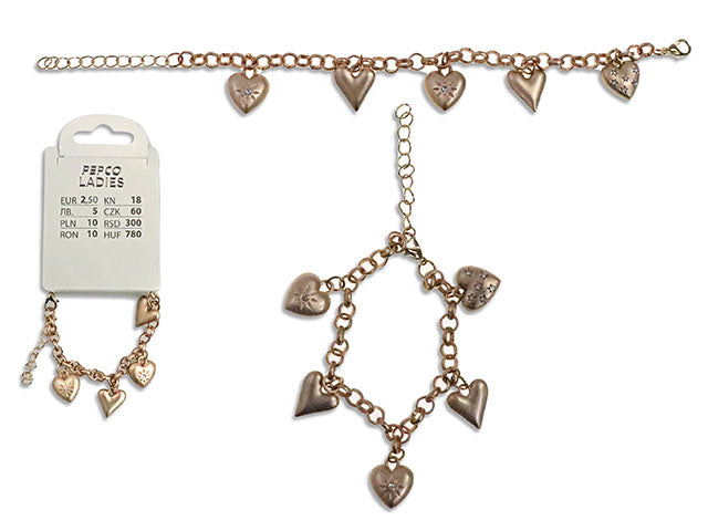 Bracelet ajustable avec 5 breloques en forme de cœur 7,75 po